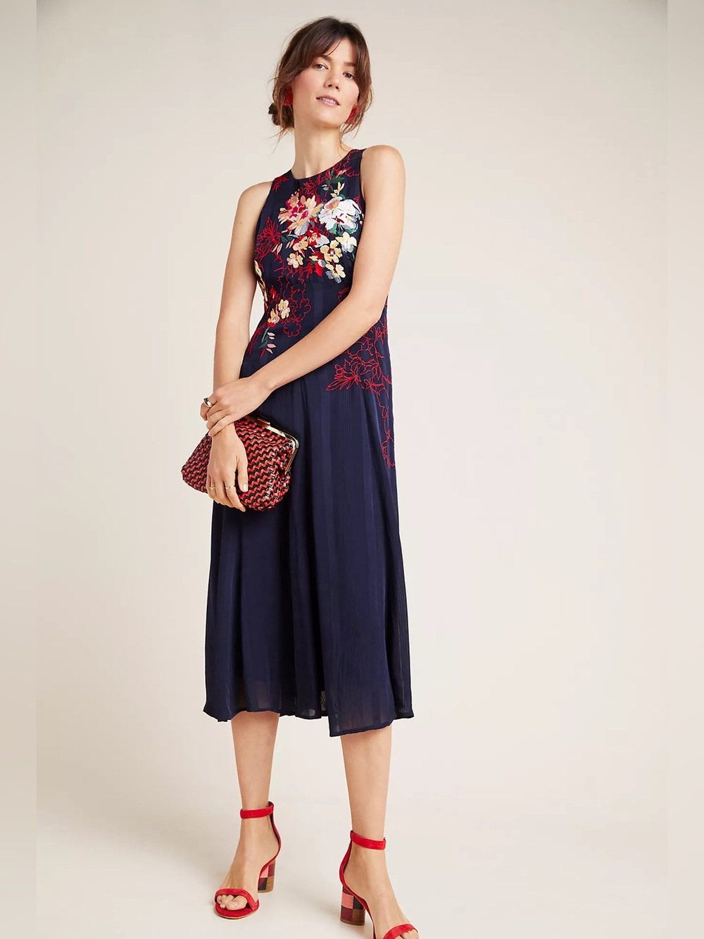 Anthropologie Tanzine Embroidered Navy Sleeveless Dress 6 P formal cocktail